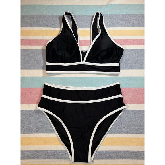 NWOT Chic Black & White High-Waisted Bikini Set Sz L - Picture 1 of 7